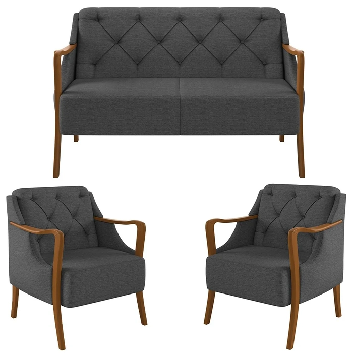 Kit Namoradeira 135cm e 2 Poltronas Decorativas Capitonê Lapa Z32 Linho Cinza Escuro - Mpozenato