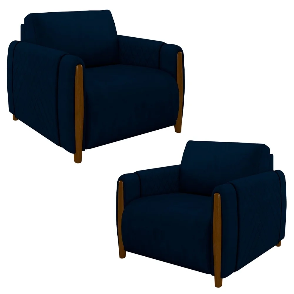 Kit 2 Poltronas Decorativas para Sala de Estar 98cm Amaranto Z32 Veludo Azul Marinho - Mpozenato