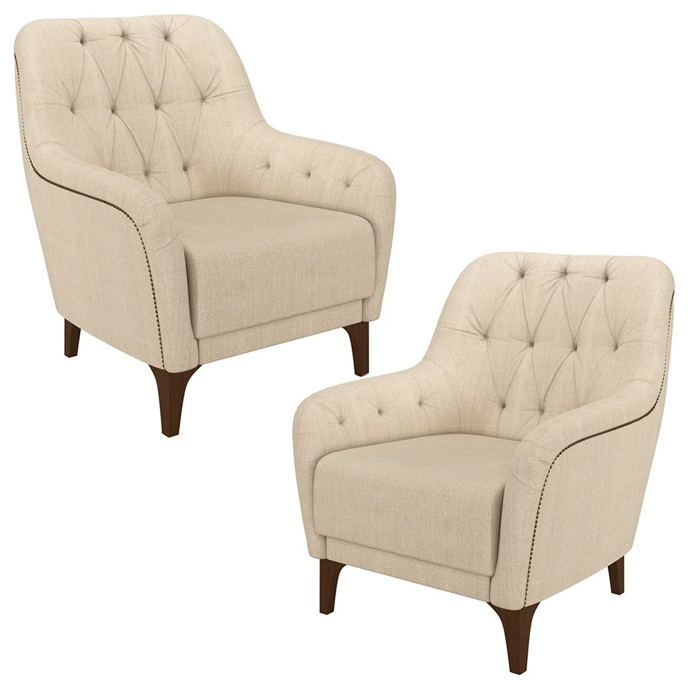 Kit 2 Poltronas Decorativas para Sala com Capitonê Pietà Z32 Linho Champanhe - Mpozenato