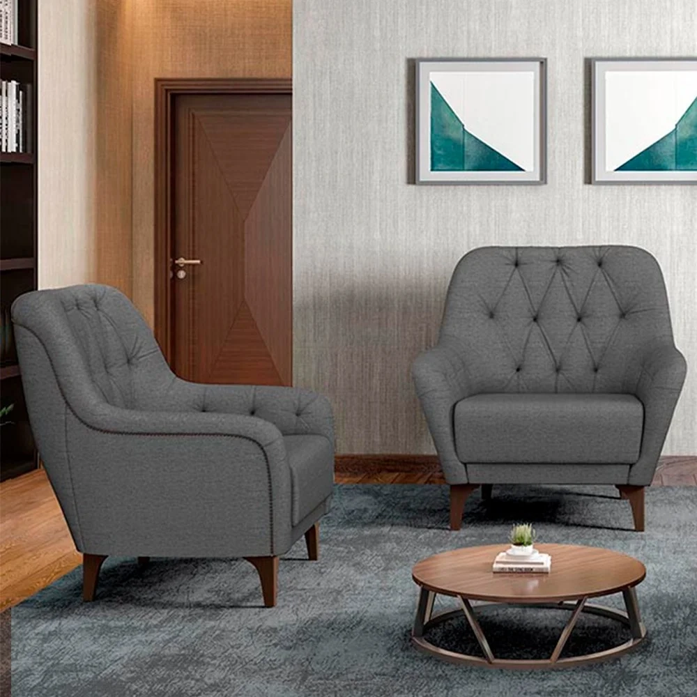 Kit 2 Poltronas Decorativas para Sala com Capitonê Pietà Z32 Linho Cinza Escuro - Mpozenato