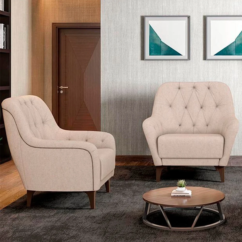 Kit 2 Poltronas Decorativas para Sala com Capitonê Pietà Z32 Linho Cru - Mpozenato