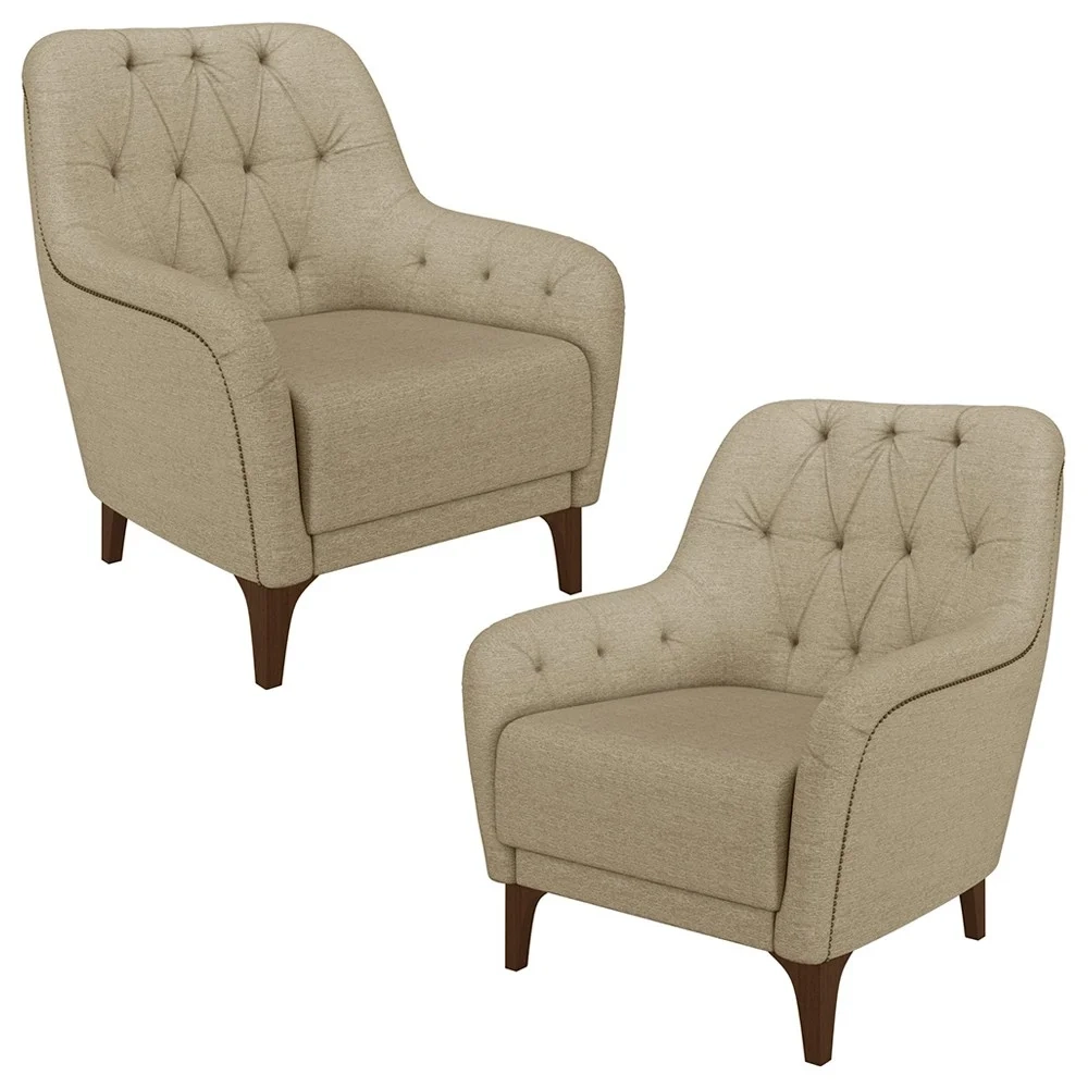 Kit 2 Poltronas Decorativas para Sala com Capitonê Pietà Z32 Linho Bege - Mpozenato