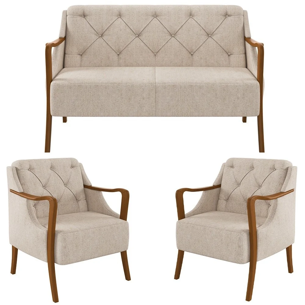 Kit Namoradeira 135cm e 2 Poltronas Decorativas Capitonê Lapa Z32 Linho Cru Liso - Mpozenato