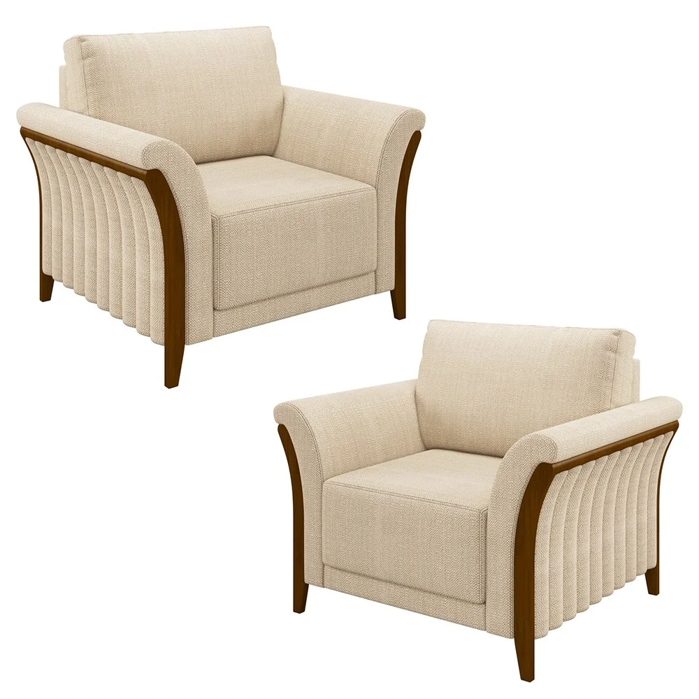 Kit 2 Poltronas Decorativas Sala de Estar 102cm Pés Madeira Roya Z32 Linho Champanhe - Mpozenato