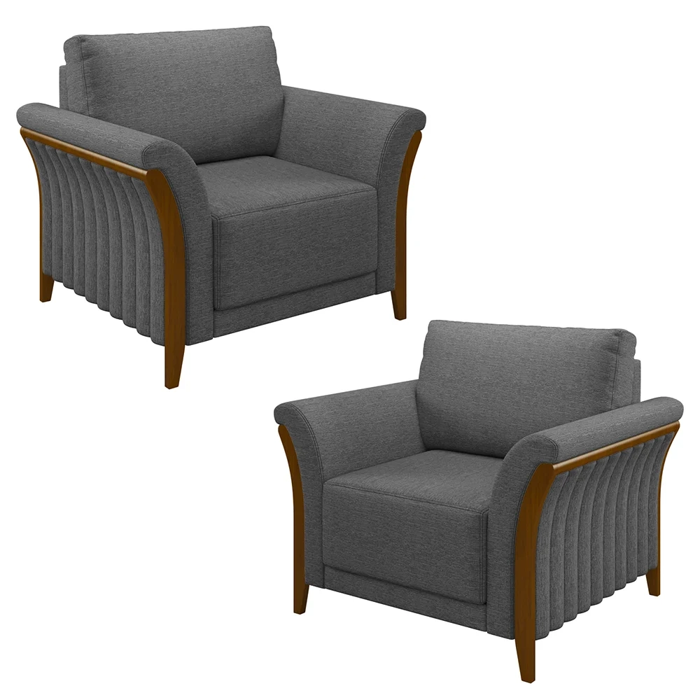 Kit 2 Poltronas Decorativas Sala de Estar 102cm Pés Madeira Roya Z32 Linho Cinza Escuro - Mpozenato
