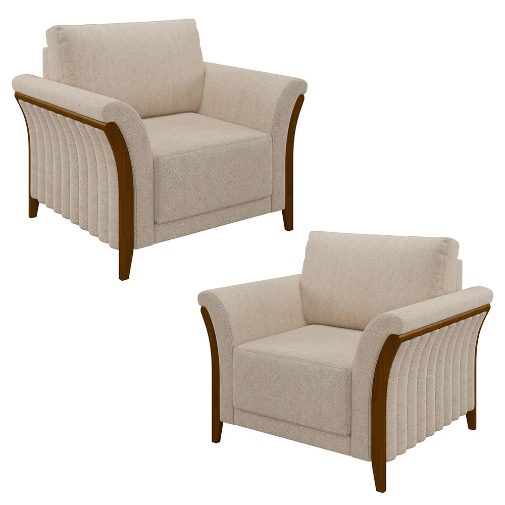 Kit 2 Poltronas Decorativas Sala de Estar 102cm Pés Madeira Roya Z32 Linho Cru - Mpozenato