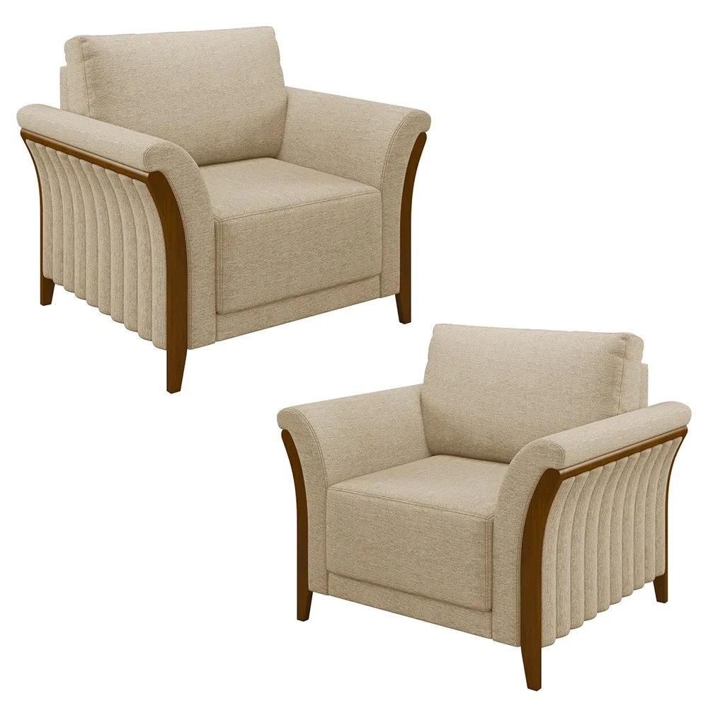 Kit 2 Poltronas Decorativas Sala de Estar 102cm Pés Madeira Roya Z32 Linho Bege - Mpozenato