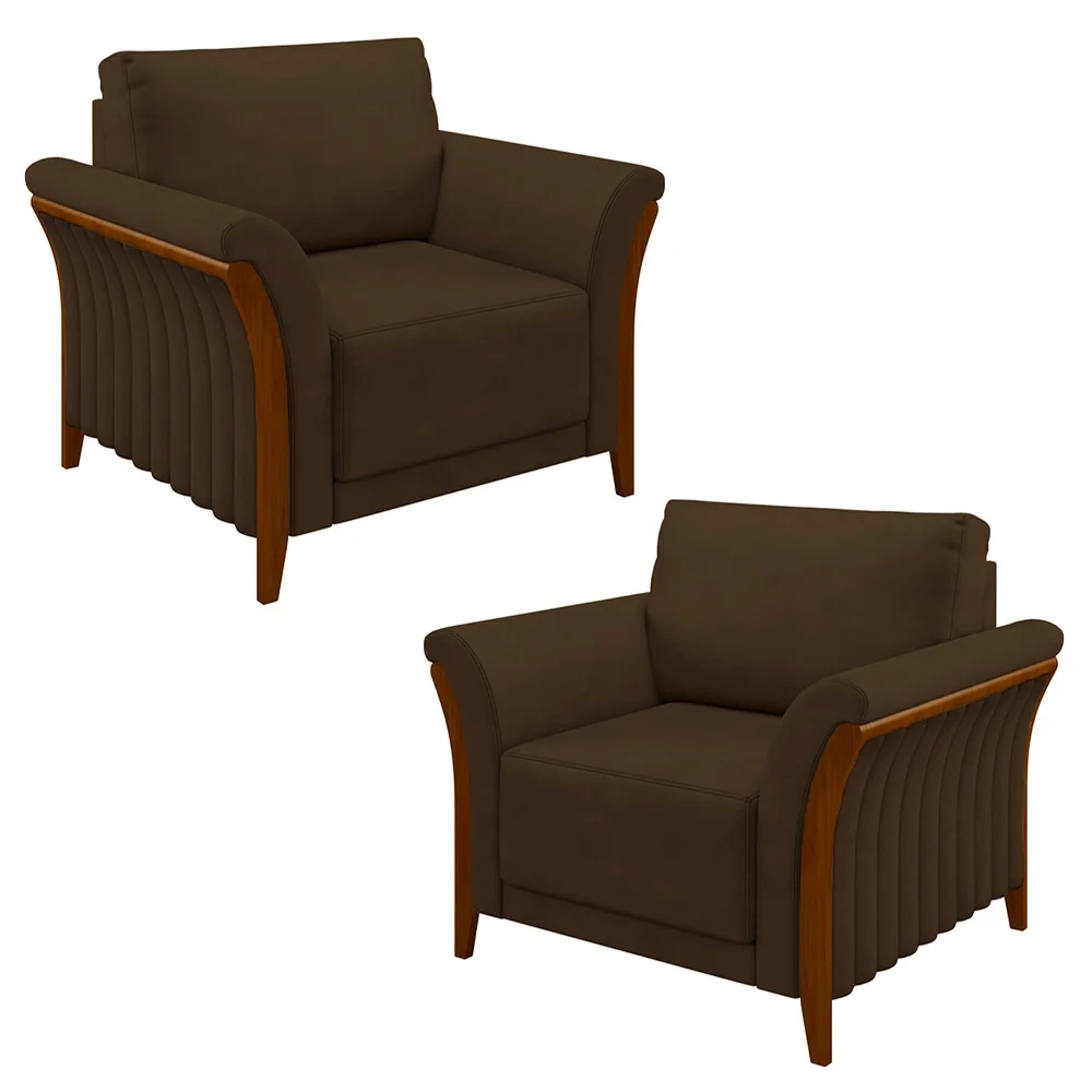 Kit 2 Poltronas Decorativas Sala de Estar 102cm Pés Madeira Roya Z32 Veludo Marrom - Mpozenato