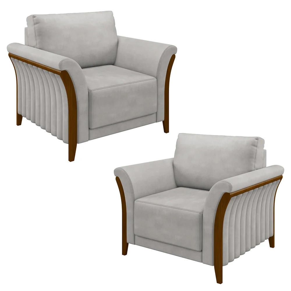 Kit 2 Poltronas Decorativas Sala de Estar 102cm Pés Madeira Roya Z32 Veludo Cinza - Mpozenato