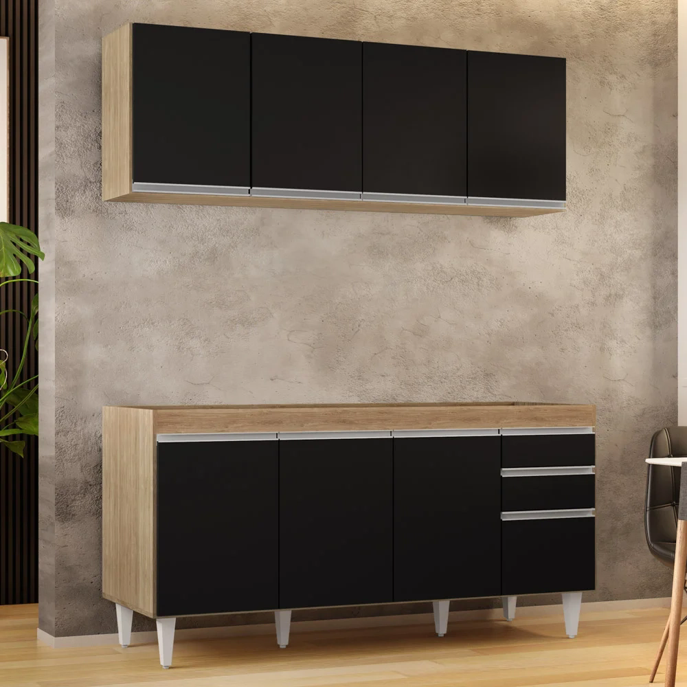 Armário Aéreo Nevada e Balcão Para Pia 160cm Arkansas Castanho/Preto - Lumil Móveis