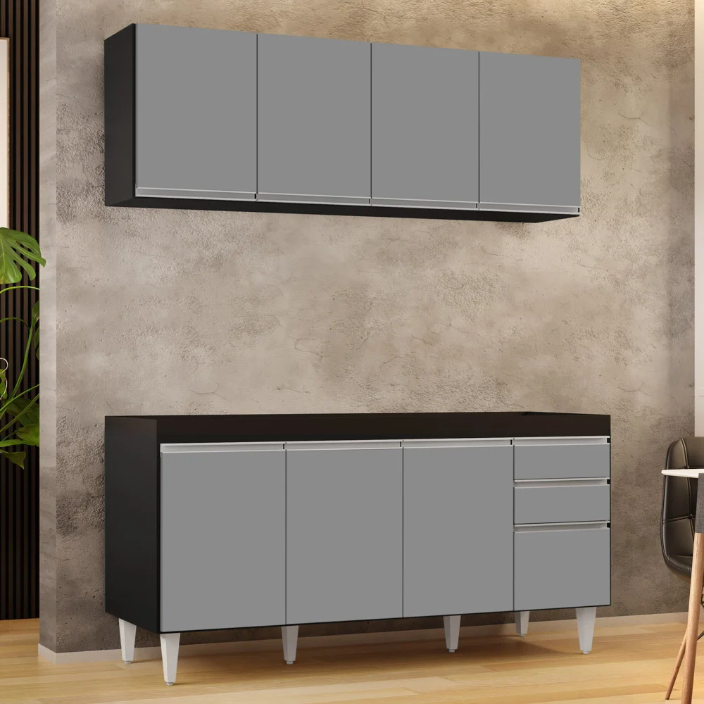 Armário Aéreo Nevada e Balcão Para Pia 160cm Arkansas Preto/Cinza - Lumil Móveis