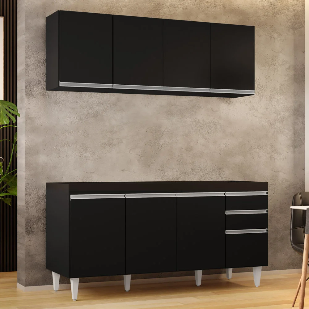 Armário Aéreo Nevada e Balcão Para Pia 160cm Arkansas Preto - Lumil Móveis