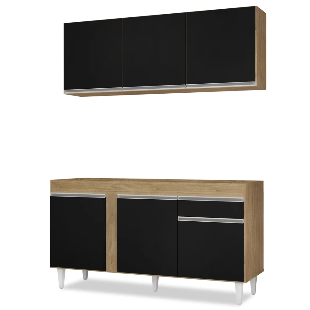 Armário Aéreo Argélia e Balcão Para Pia 150cm Dakota Castanho/Preto - Lumil Móveis