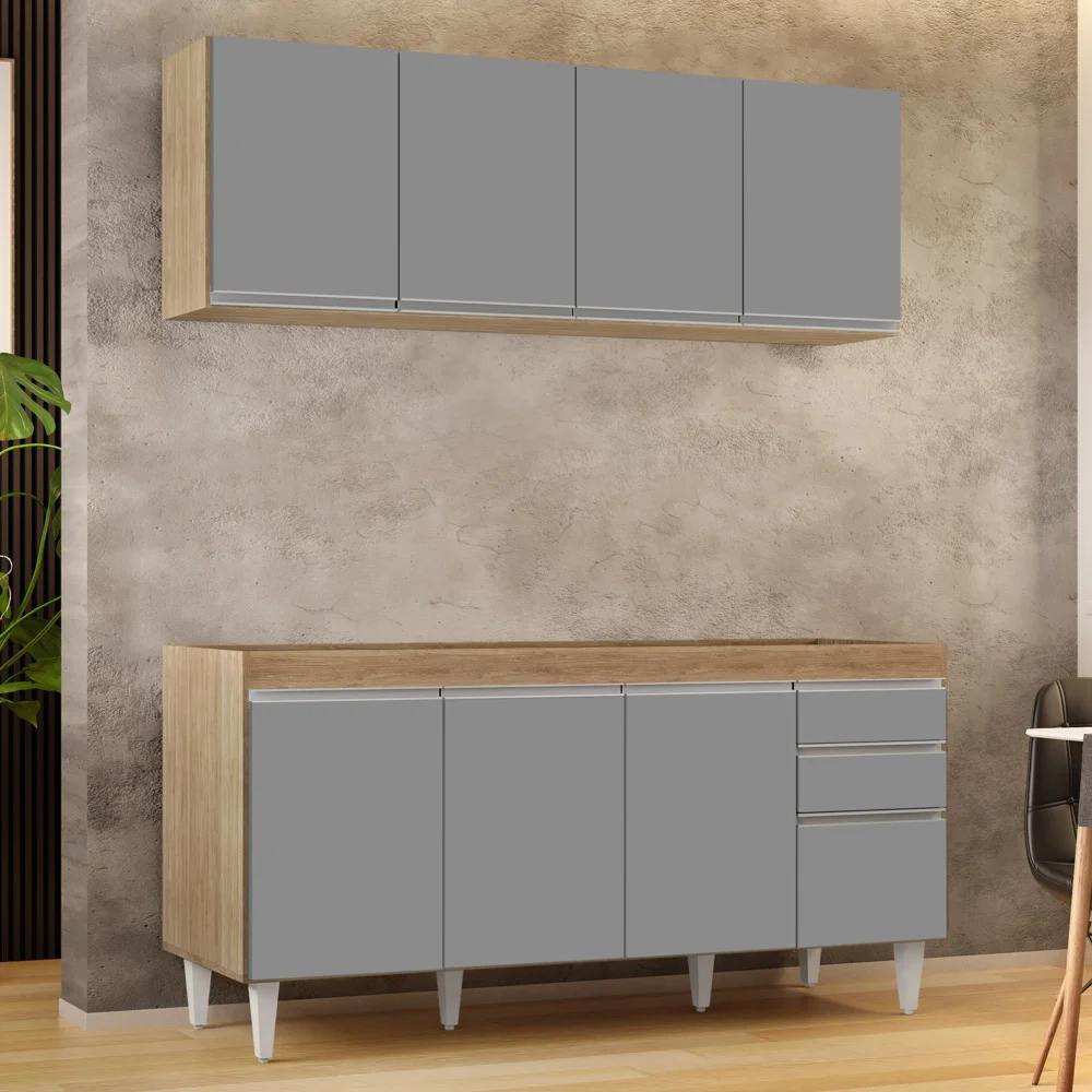 Armário Aéreo Nevada e Balcão Para Pia 160cm Arkansas Castanho/Cinza - Lumil Móveis