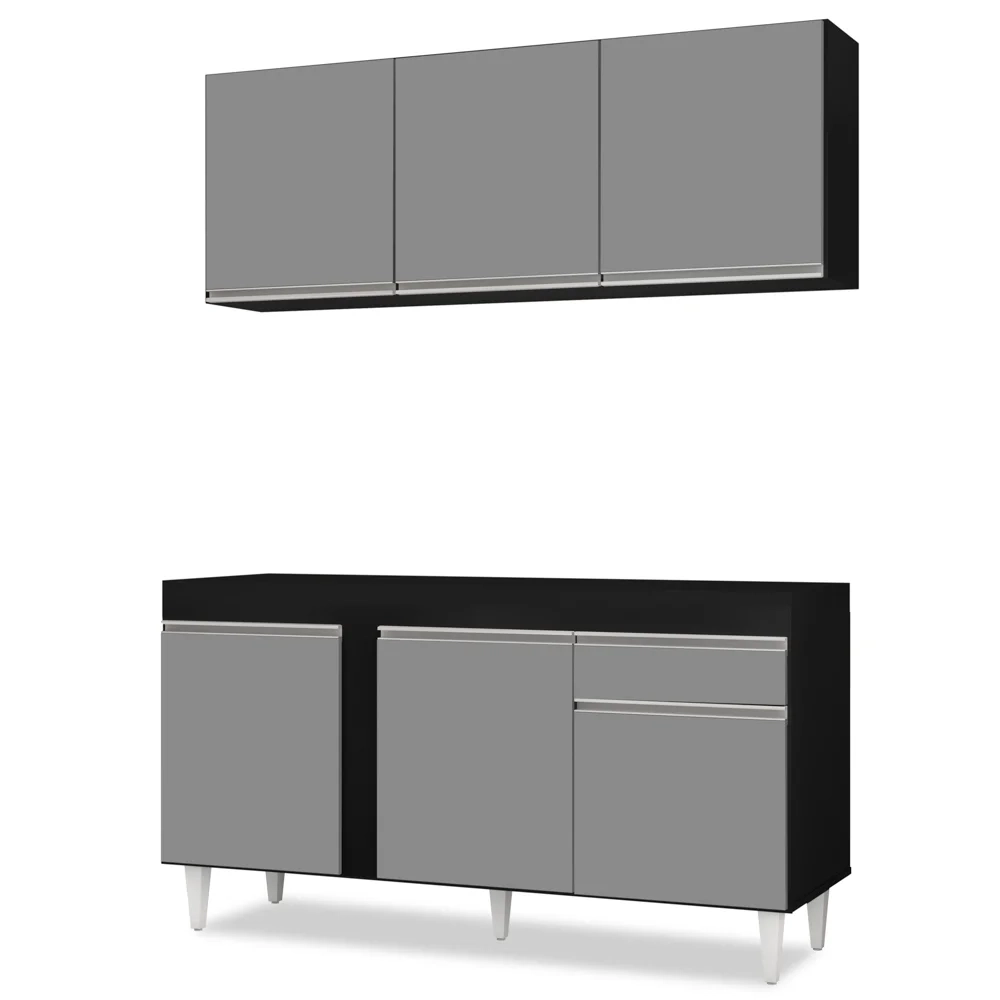 Armário Aéreo Argélia e Balcão Para Pia 150cm Dakota Preto/Cinza - Lumil Móveis