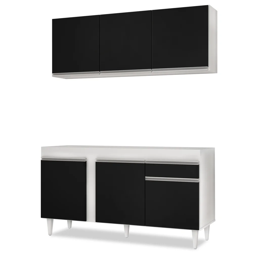 Armário Aéreo Argélia e Balcão Para Pia 150cm Dakota Branco/Preto - Lumil Móveis