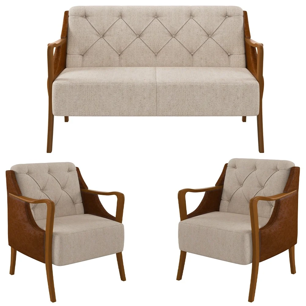 Kit Namoradeira 135cm e 2 Poltronas Decorativas Capitonê Lapa Z32 PU Camel/Linho Cru - Mpozenato