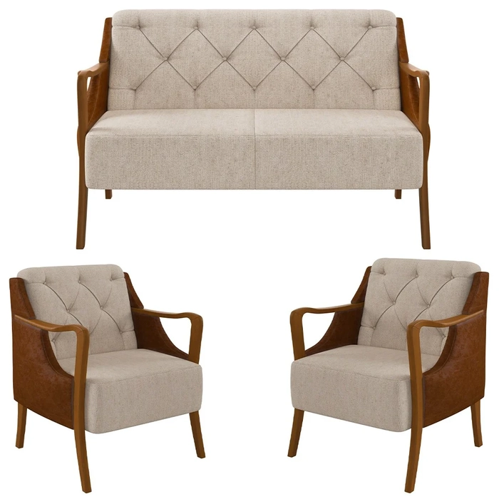 Kit Namoradeira 135cm e 2 Poltronas Decorativas Capitonê Lapa Z32 PU Camel/Linho Cru - Mpozenato