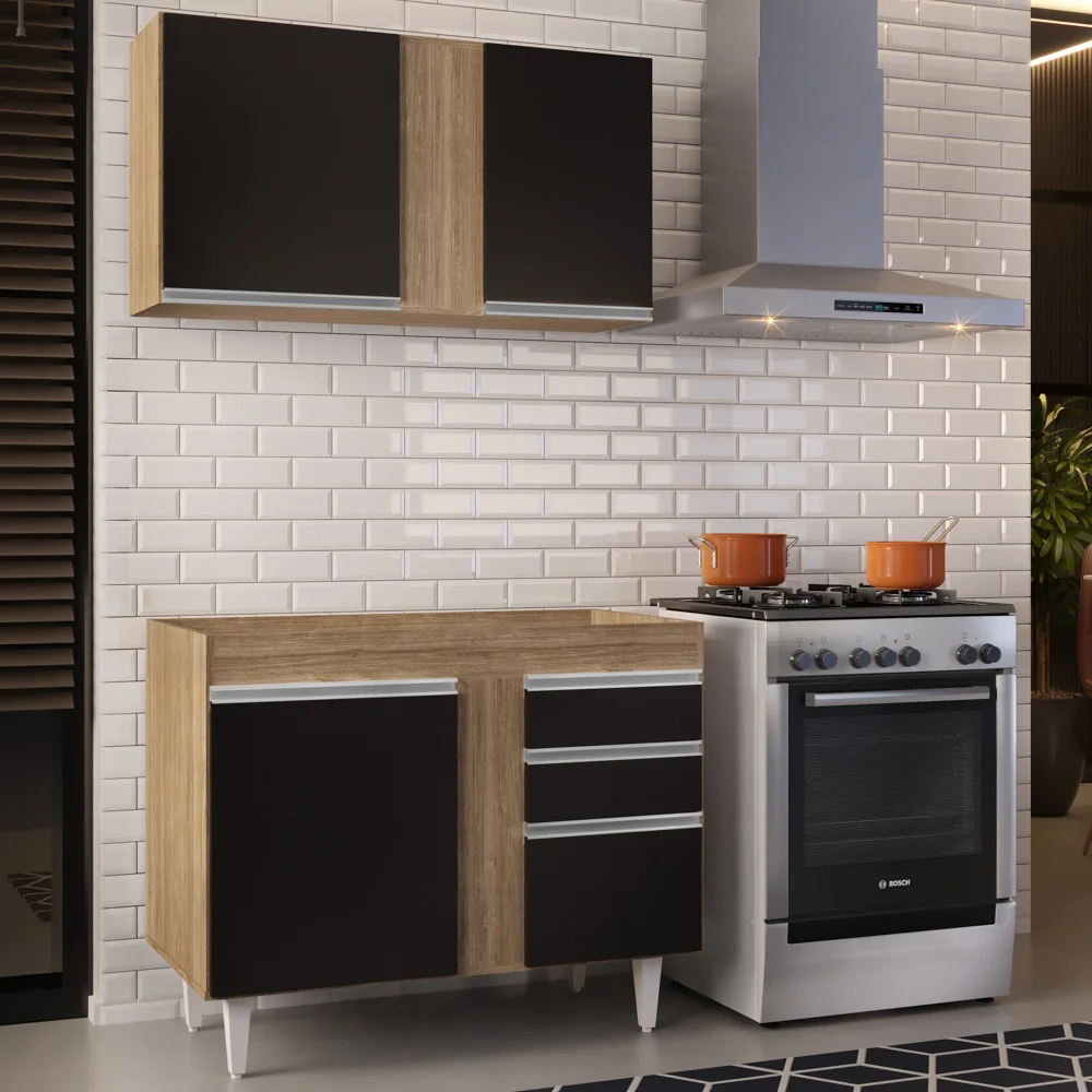 Armário Aéreo Indiana e Balcão Para Pia 100cm Luziania Castanho/Preto - Lumil Móveis