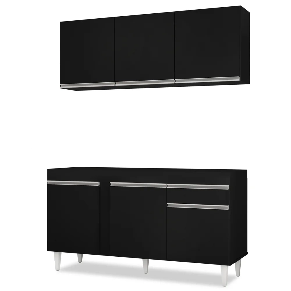 Armário Aéreo Argélia e Balcão Para Pia 150cm Dakota Preto - Lumil Móveis