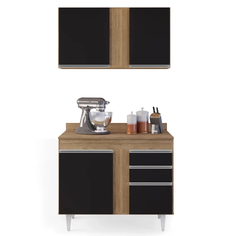 Armário Aéreo Indiana e Balcão Gabinete 100cm Luziania Castanho/Preto - Lumil Móveis