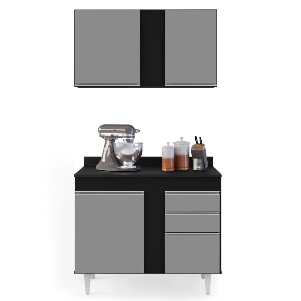 Armário Aéreo Indiana e Balcão Gabinete 100cm Luziania Preto/Cinza - Lumil Móveis