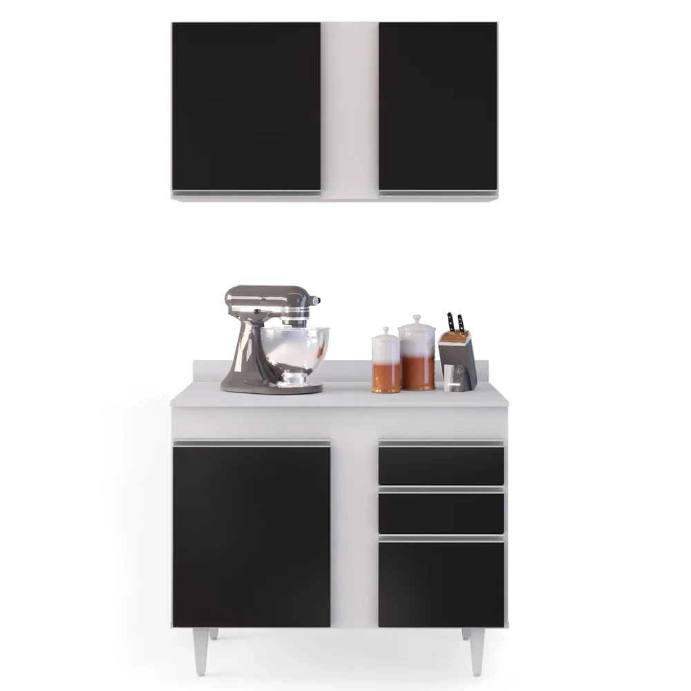 Armário Aéreo Indiana e Balcão Gabinete 100cm Luziania Branco/Preto - Lumil Móveis