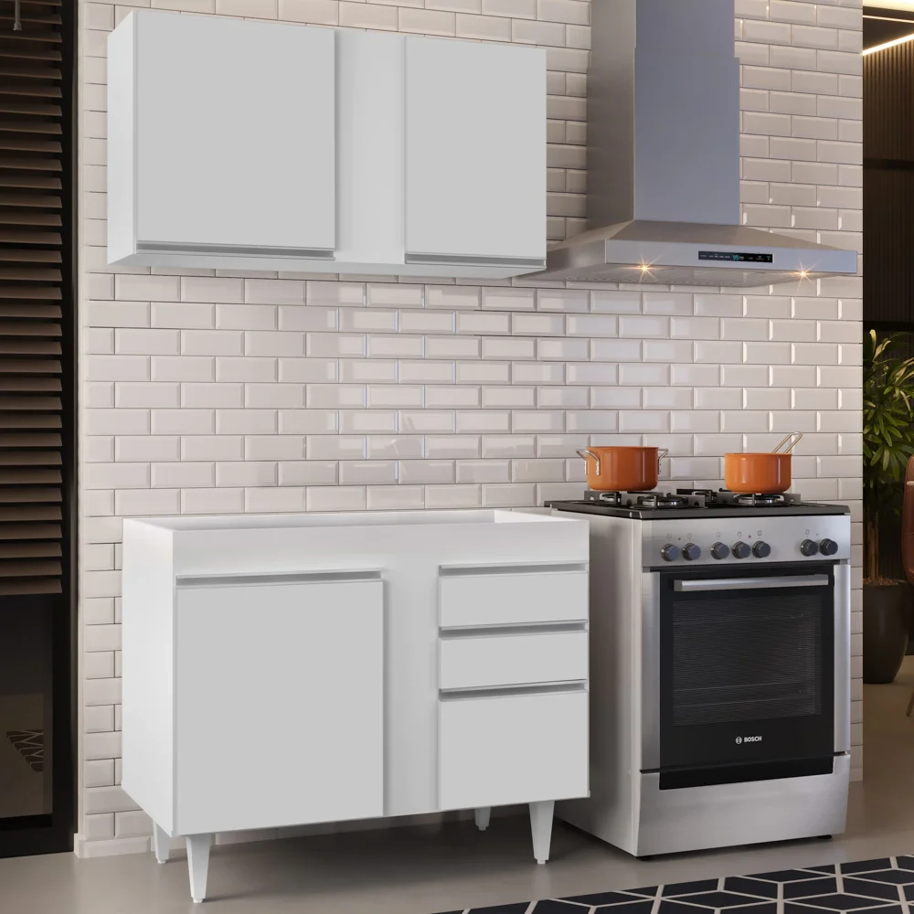 Armário Aéreo Indiana e Balcão Para Pia 100cm Luziania Branco - Lumil Móveis