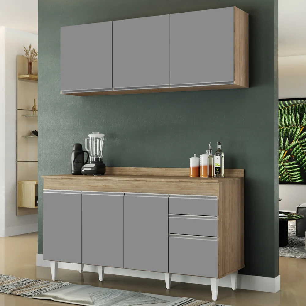 Armário Aéreo Argélia e Balcão Gabinete com Tampo 150cm Marrocos Castanho/Cinza - Lumil Móveis