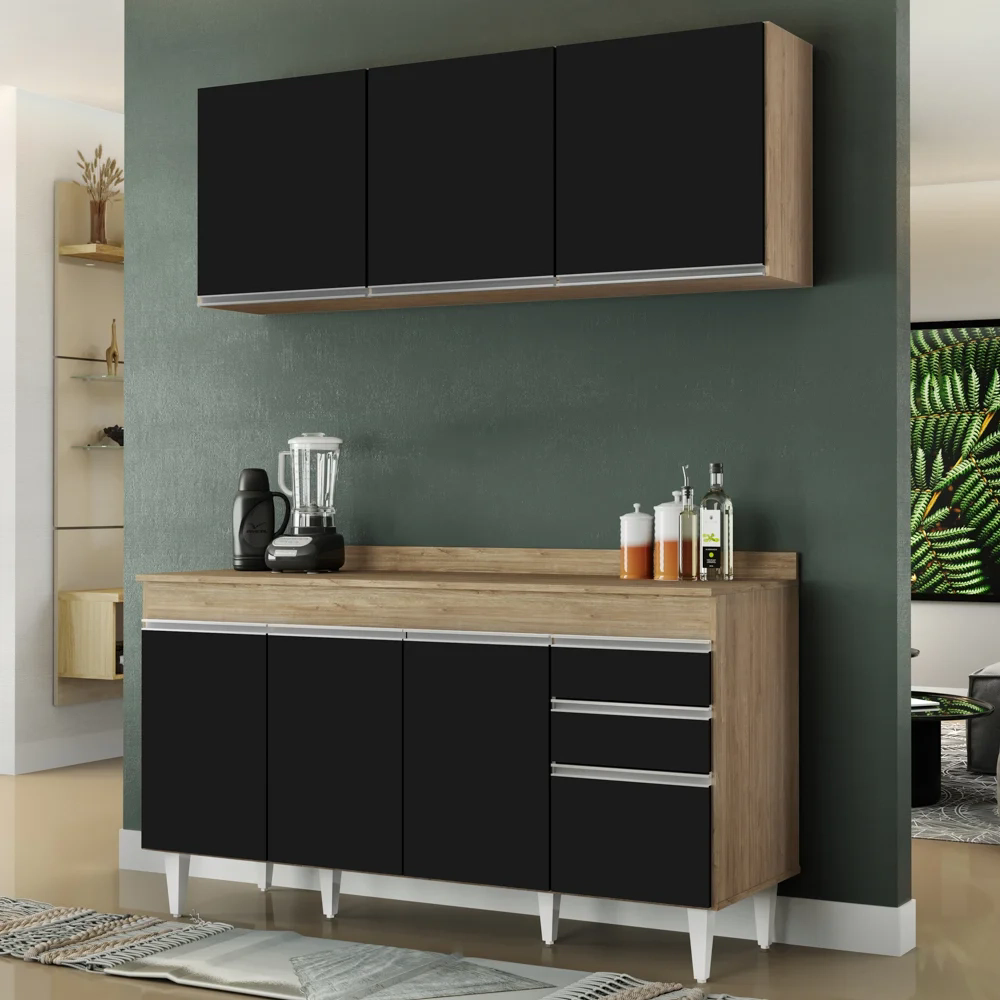 Armário Aéreo Argélia e Balcão Gabinete 150cm Marrocos Castanho/Preto - Lumil Móveis