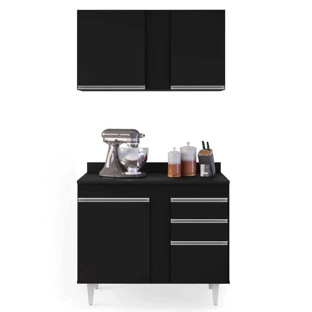 Armário Aéreo Indiana e Balcão Gabinete 100cm Luziania Preto - Lumil Móveis