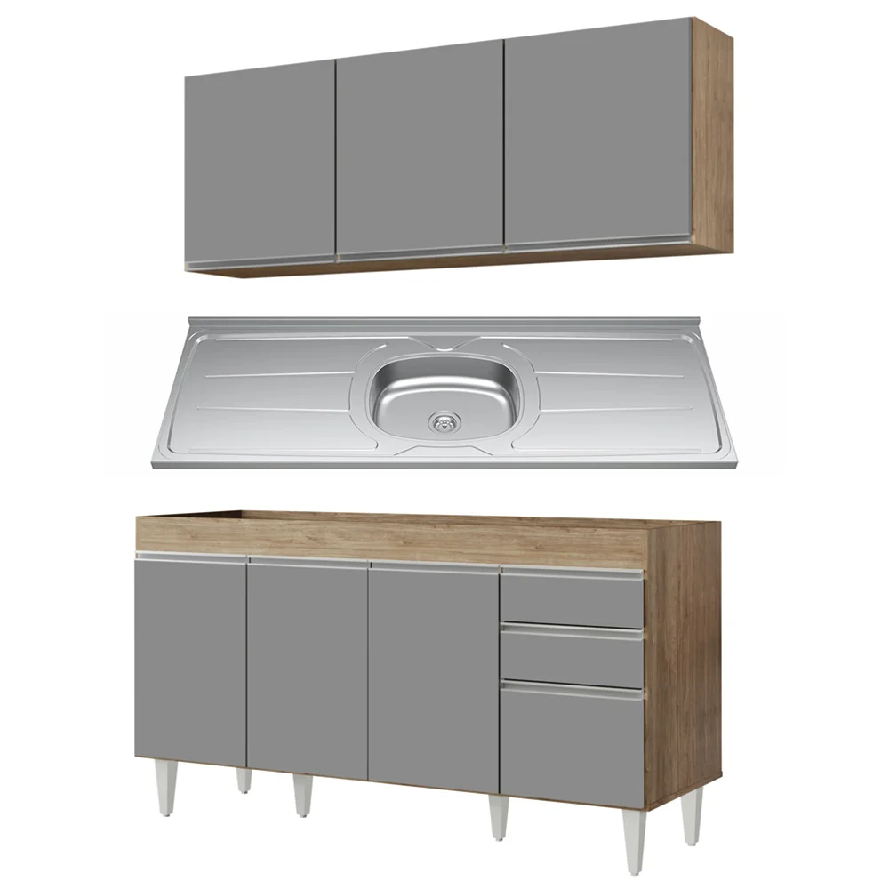 Armário Aéreo Argélia e Balcão Com Pia 150cm Marrocos Castanho/Cinza - Lumil Móveis