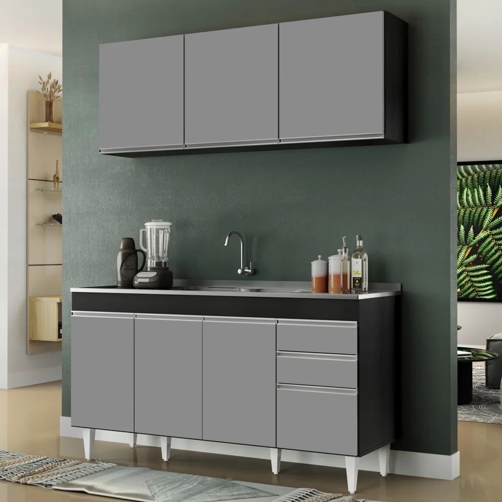 Armário Aéreo Argélia e Balcão Com Pia 150cm Marrocos Preto/Cinza - Lumil Móveis