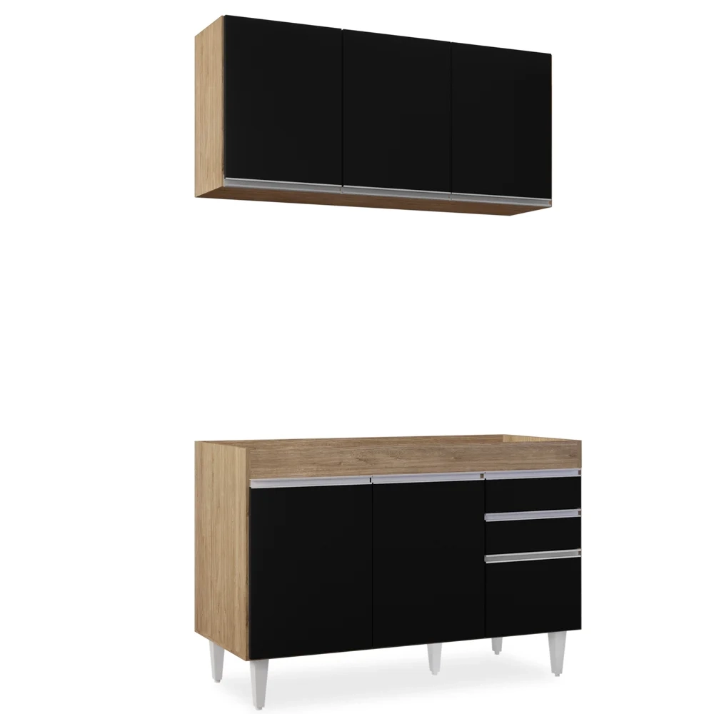 Armário Aéreo Virgínia e Balcão Para Pia 120cm Michigan Castanho/Preto - Lumil Móveis