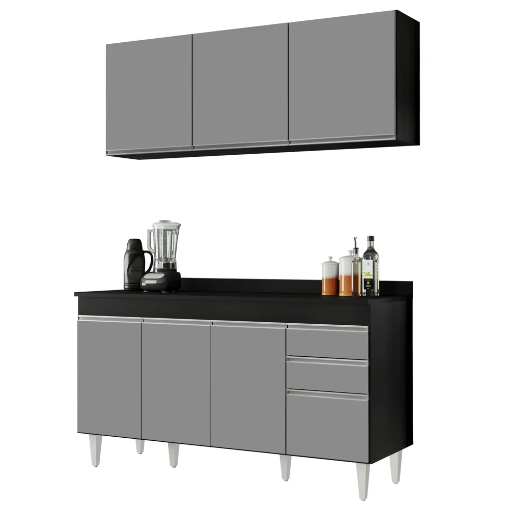 Armário Aéreo Argélia e Balcão Gabinete 150cm Marrocos Preto/Cinza - Lumil Móveis