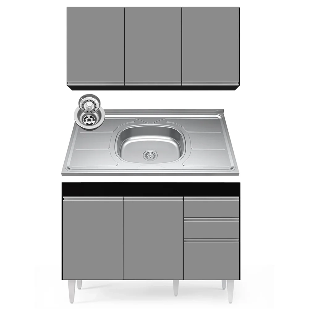 Armário Aéreo Virgínia e Balcão Com Pia 120cm Michigan Preto/Cinza - Lumil Móveis