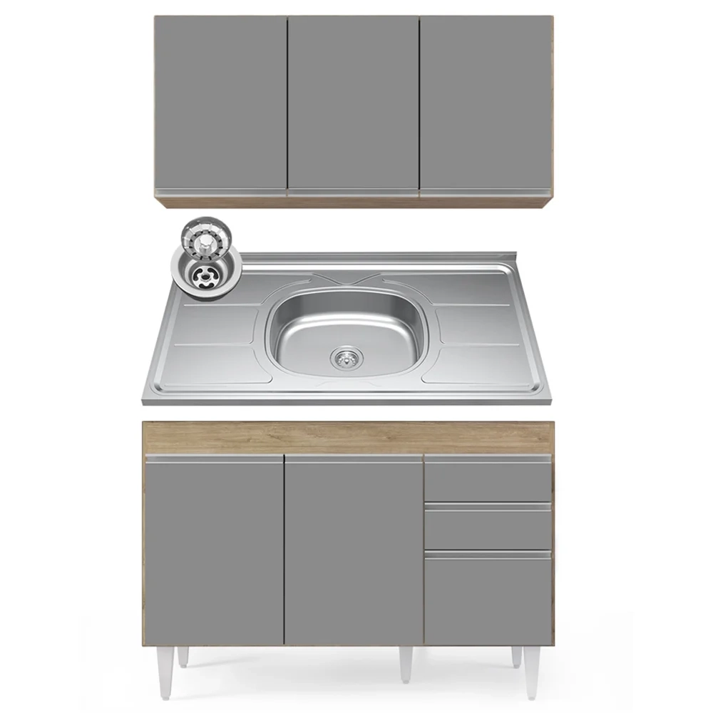 Armário Aéreo Virgínia e Balcão Com Pia 120cm Michigan Castanho/Cinza - Lumil Móveis