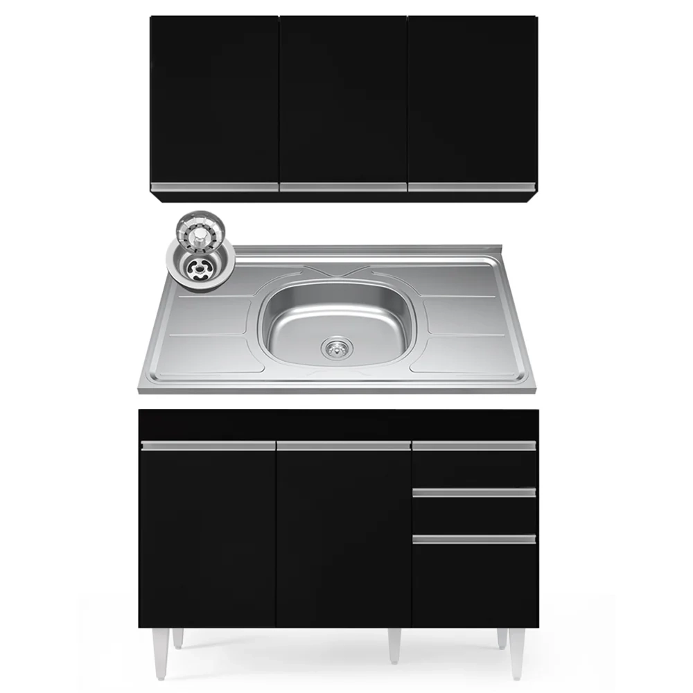 Armário Aéreo Virgínia e Balcão Com Pia 120cm Michigan Preto - Lumil Móveis