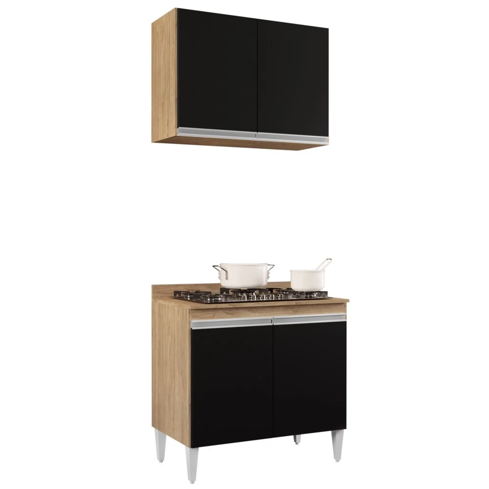 Armário Califórnia e Balcão Para Cooktop Flórida Castanho/Preto - Lumil