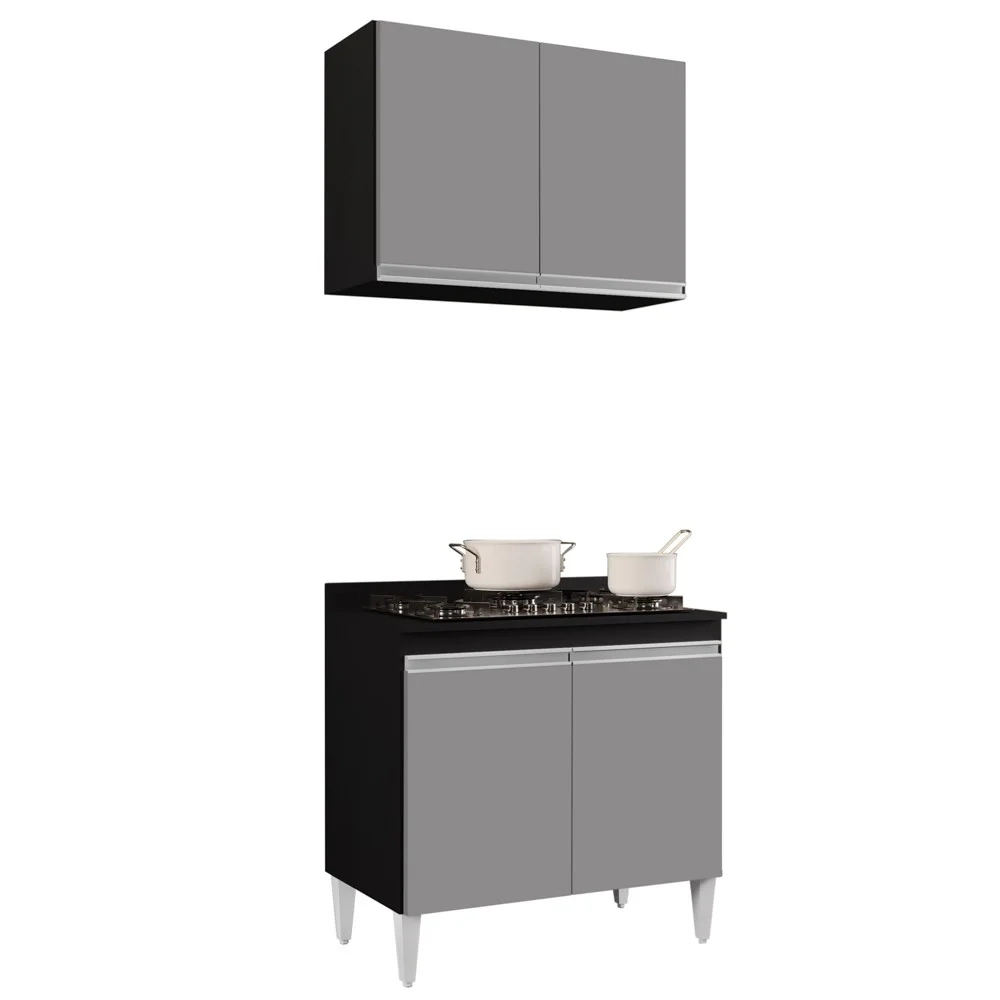 Armário Aéreo Califórnia e Balcão Para Cooktop Flórida Preto/Cinza - Lumil Móveis