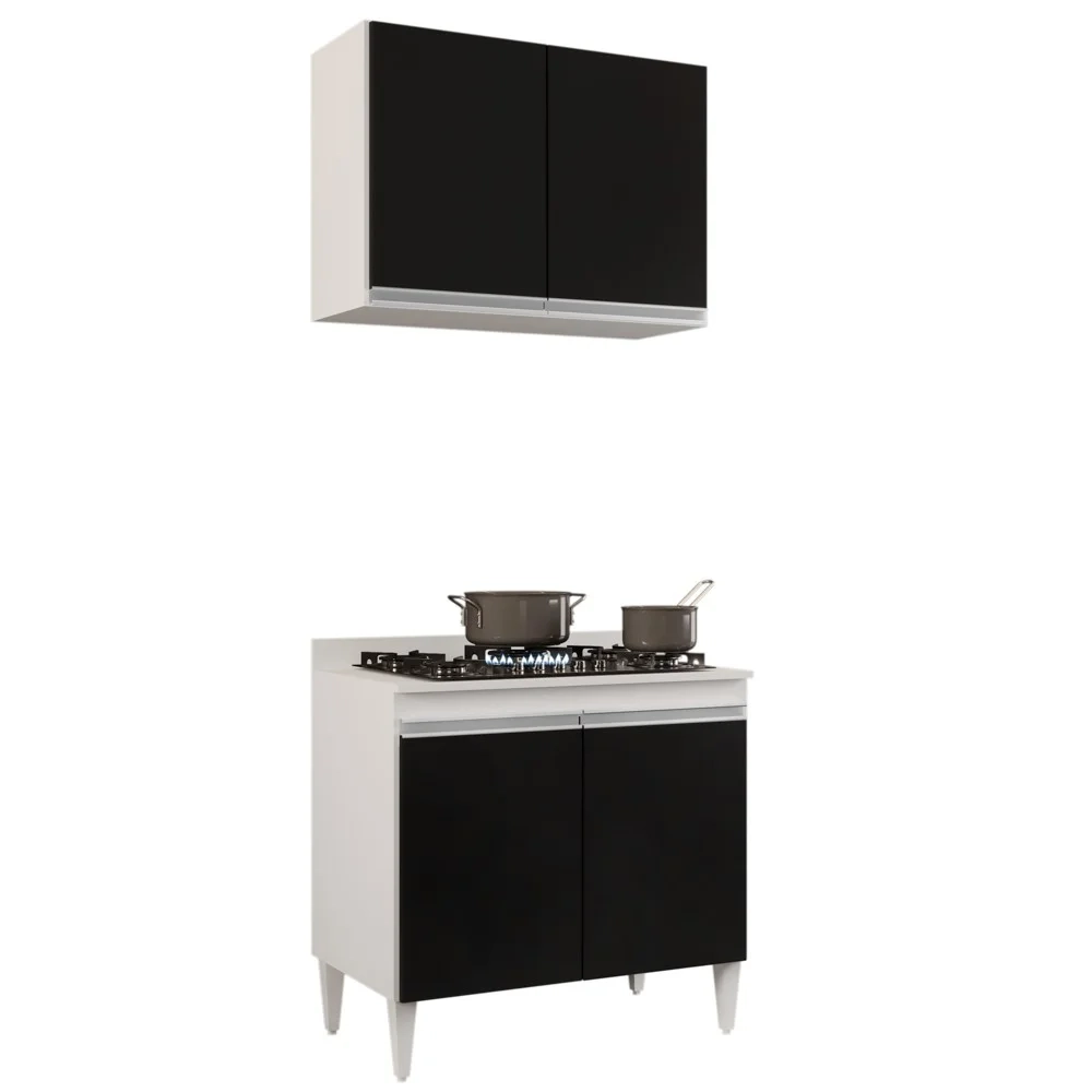 Armário Aéreo Califórnia e Balcão Para Cooktop Flórida Branco/Preto - Lumil Móveis