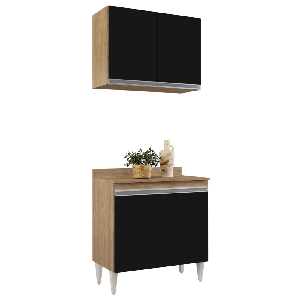 Armário Aéreo Califórnia e Balcão Hawai com Tampo 80cm Castanho/Preto - Lumil