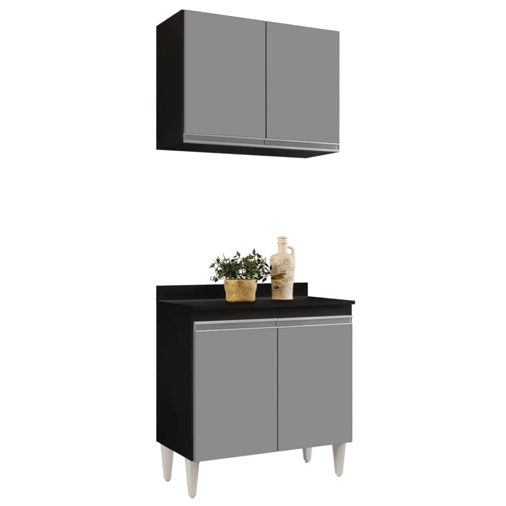 Armário Aéreo Califórnia e Balcão Hawai com Tampo 80cm Preto/Cinza - Lumil