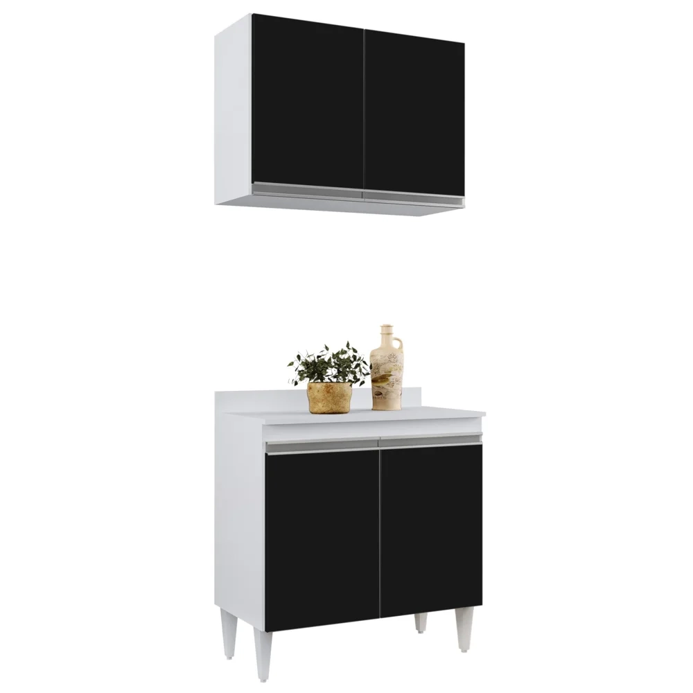 Armário Aéreo Califórnia e Balcão Hawai com Tampo 80cm Branco/Preto - Lumil