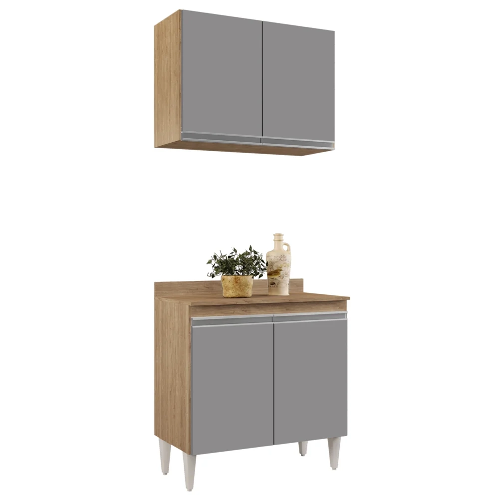 Armário Aéreo Califórnia e Balcão Hawai com Tampo 80cm Castanho/Cinza - Lumil