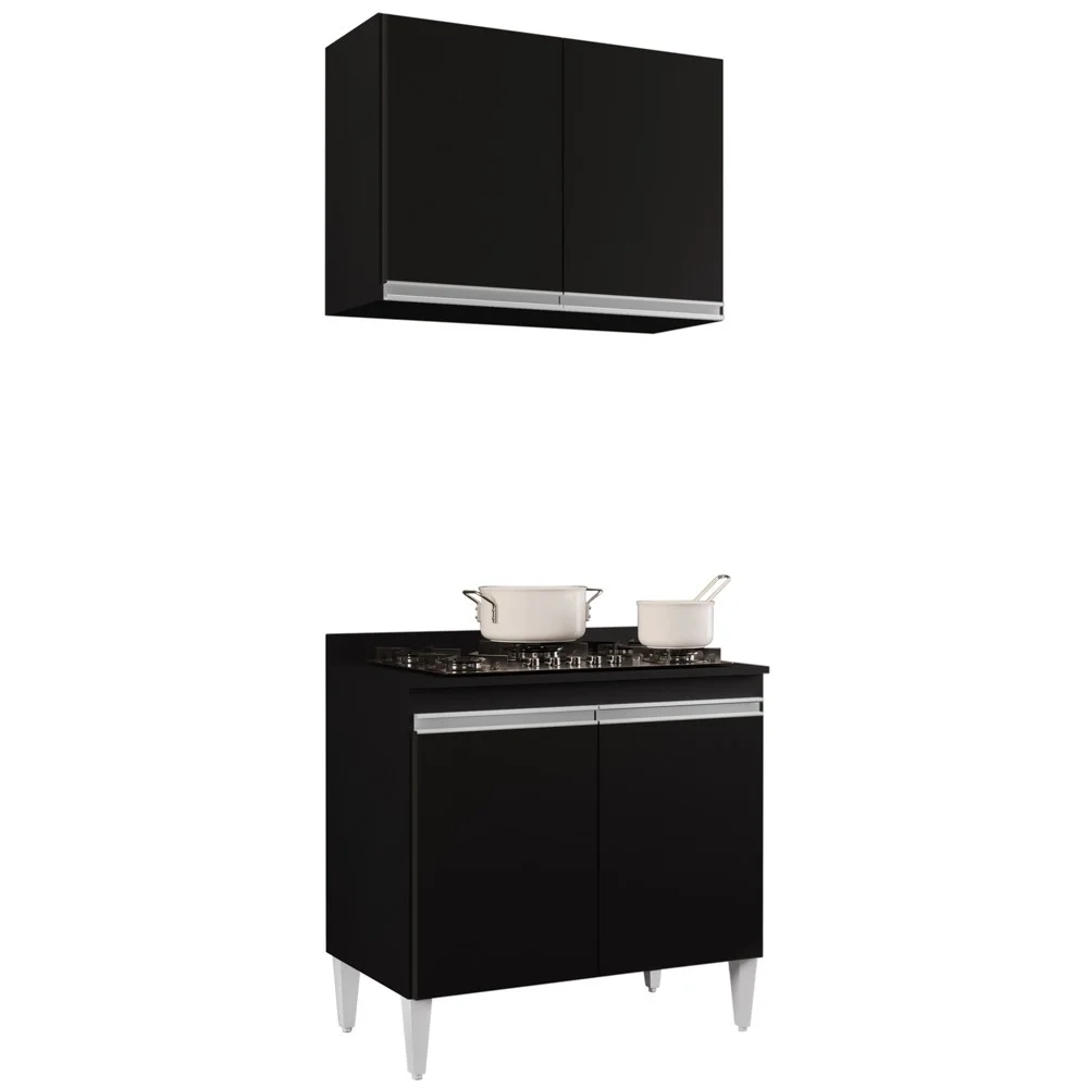Armário Aéreo Califórnia e Balcão Para Cooktop Flórida Preto - Lumil Móveis
