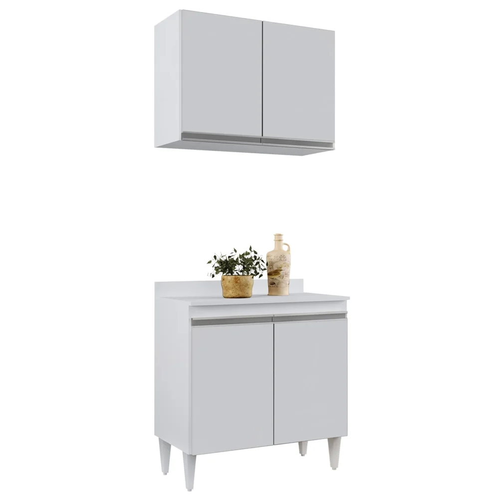 Armário Aéreo Califórnia e Balcão Hawai com Tampo 80cm Branco - Lumil