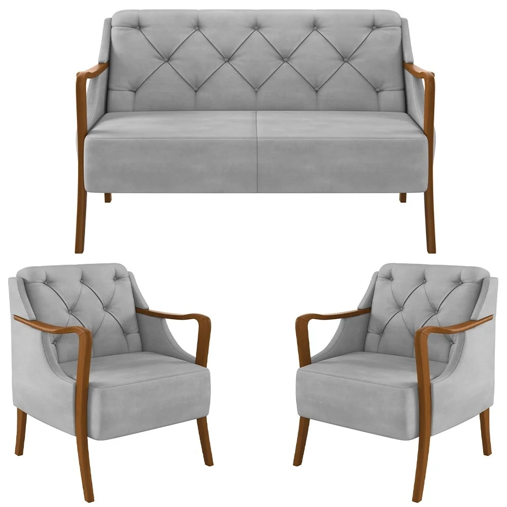 Kit Namoradeira 135cm e 2 Poltronas Decorativas Capitonê Lapa Z32 Veludo Cinza - Mpozenato