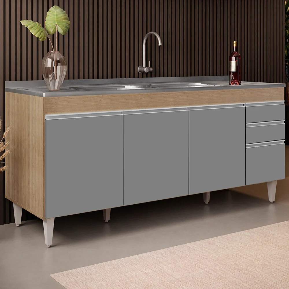 Balcão Gabinete Com Pia 180cm Dallas Castanho/Cinza - Lumil