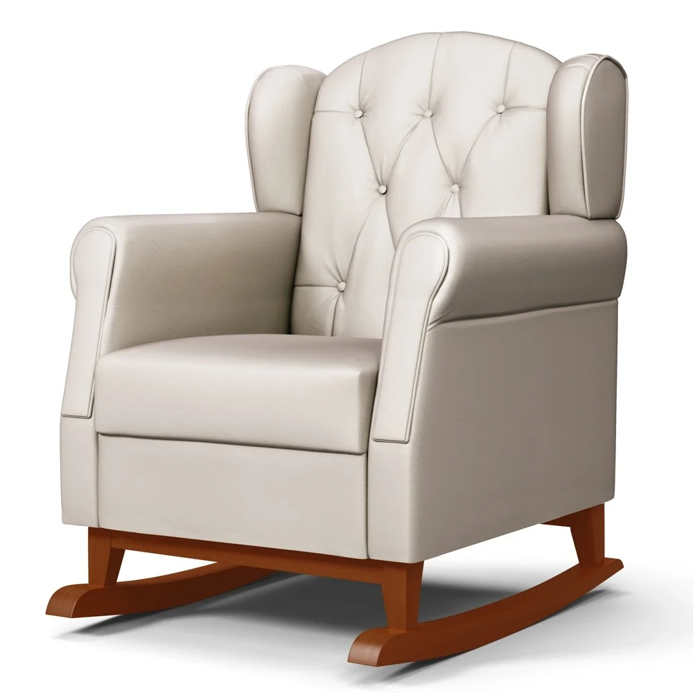 Poltrona de Amamentação Base Madeira Balanço Lucy Z39 Sintético Bege - Mpozenato